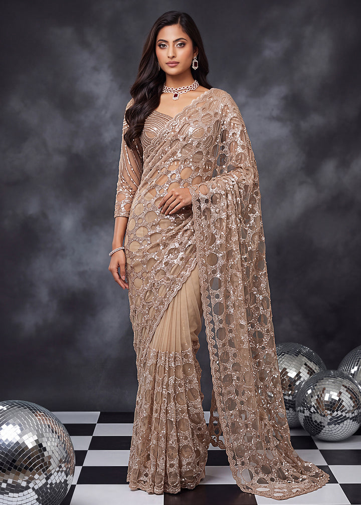 Buy Now Champagne Beige Net Saree with Cutwork &amp; Sequin Embroidery Online in US, UK, Canada, France, Germany, Denmark, Sweden, Austria &amp; Worldwide at Empress.