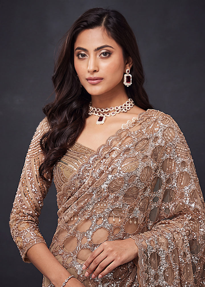 Buy Now Champagne Beige Net Saree with Cutwork &amp; Sequin Embroidery Online in US, UK, Canada, France, Germany, Denmark, Sweden, Austria &amp; Worldwide at Empress.