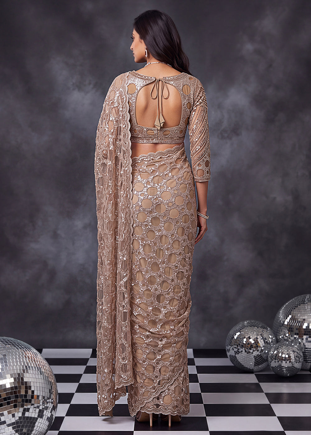 Buy Now Champagne Beige Net Saree with Cutwork &amp; Sequin Embroidery Online in US, UK, Canada, France, Germany, Denmark, Sweden, Austria &amp; Worldwide at Empress.