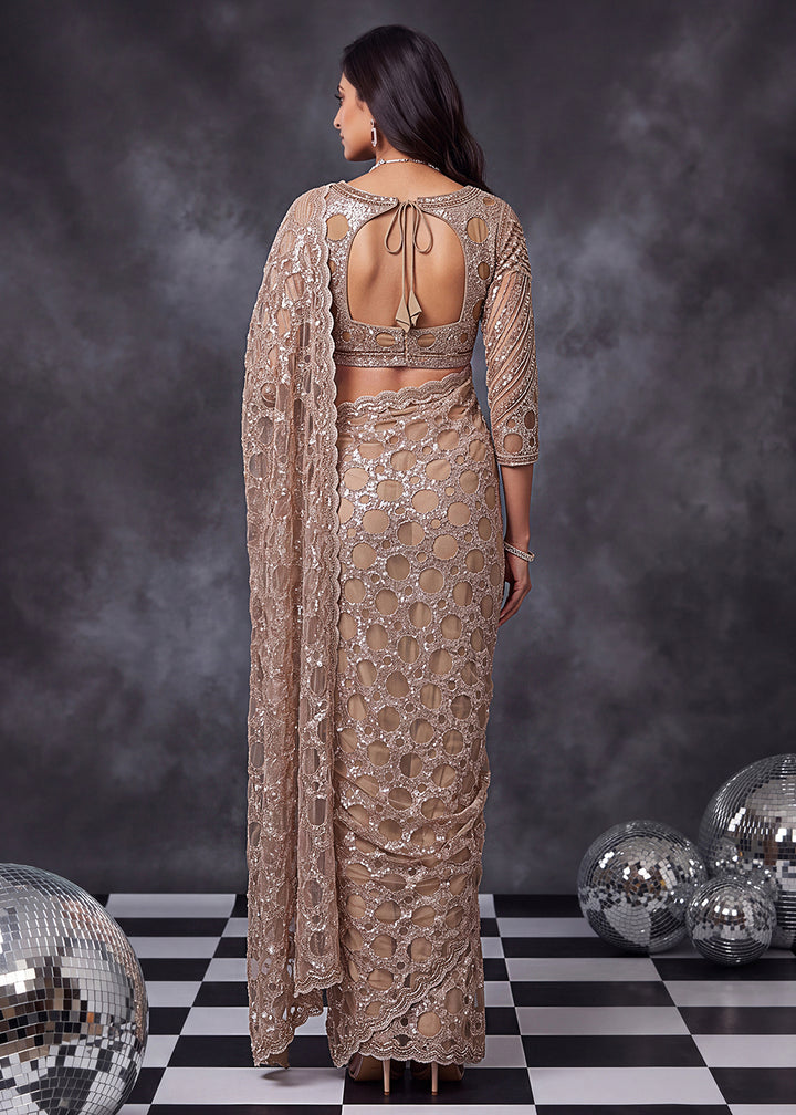 Buy Now Champagne Beige Net Saree with Cutwork &amp; Sequin Embroidery Online in US, UK, Canada, France, Germany, Denmark, Sweden, Austria &amp; Worldwide at Empress.