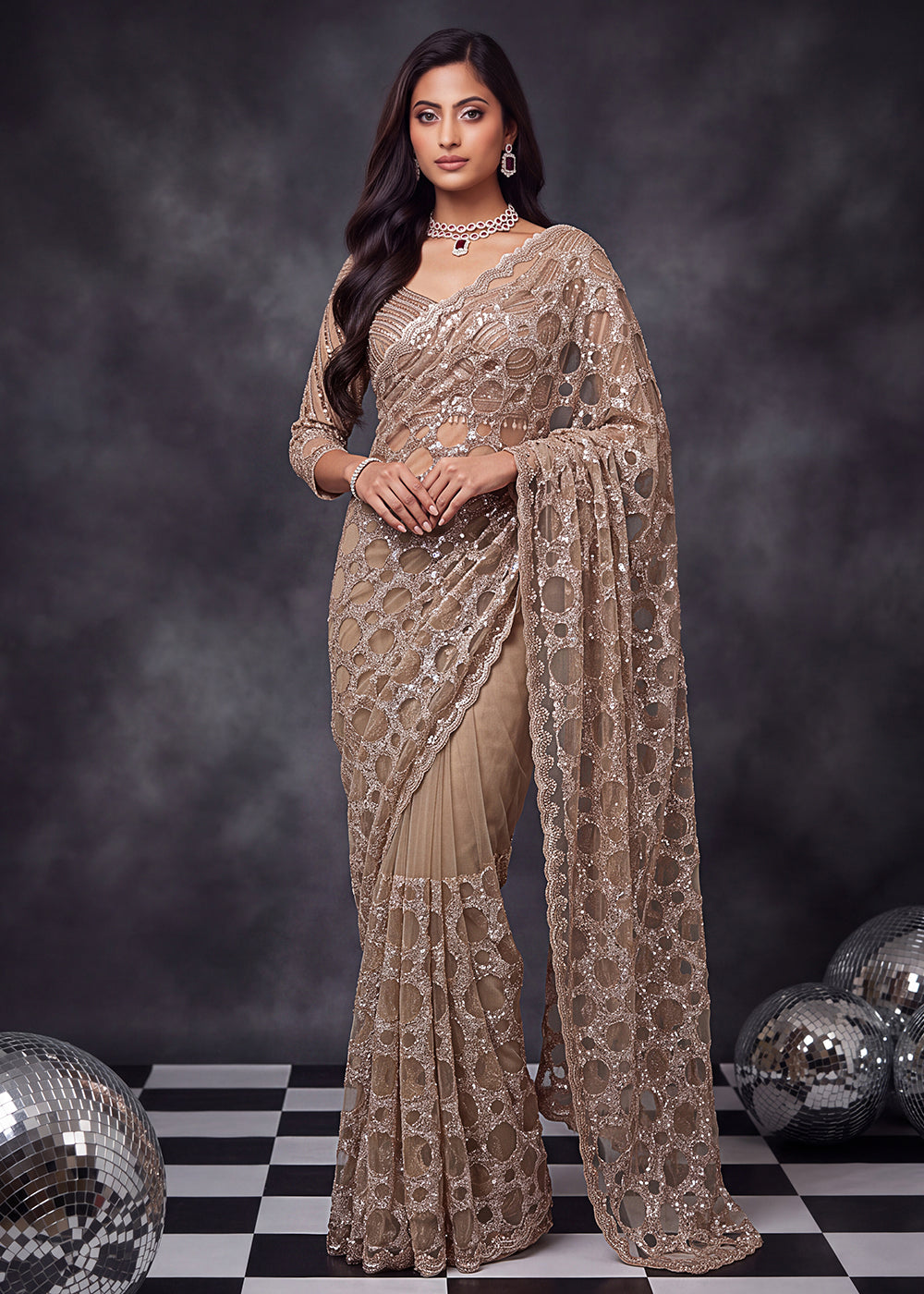 Champagne Beige Net Saree with Cutwork &amp; Sequin Embroidery