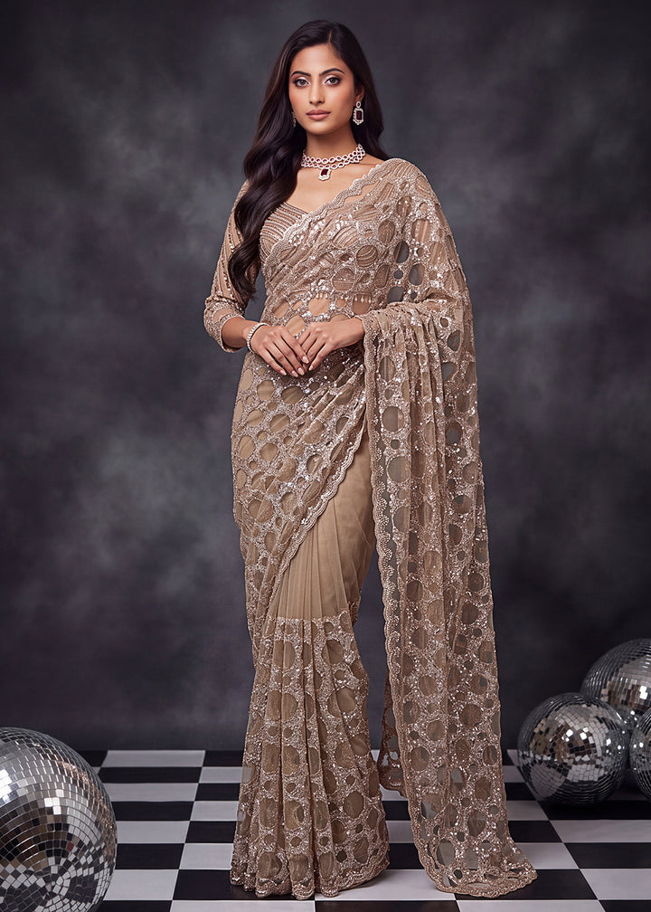 Champagne Beige Net Saree with Cutwork &amp; Sequin Embroidery