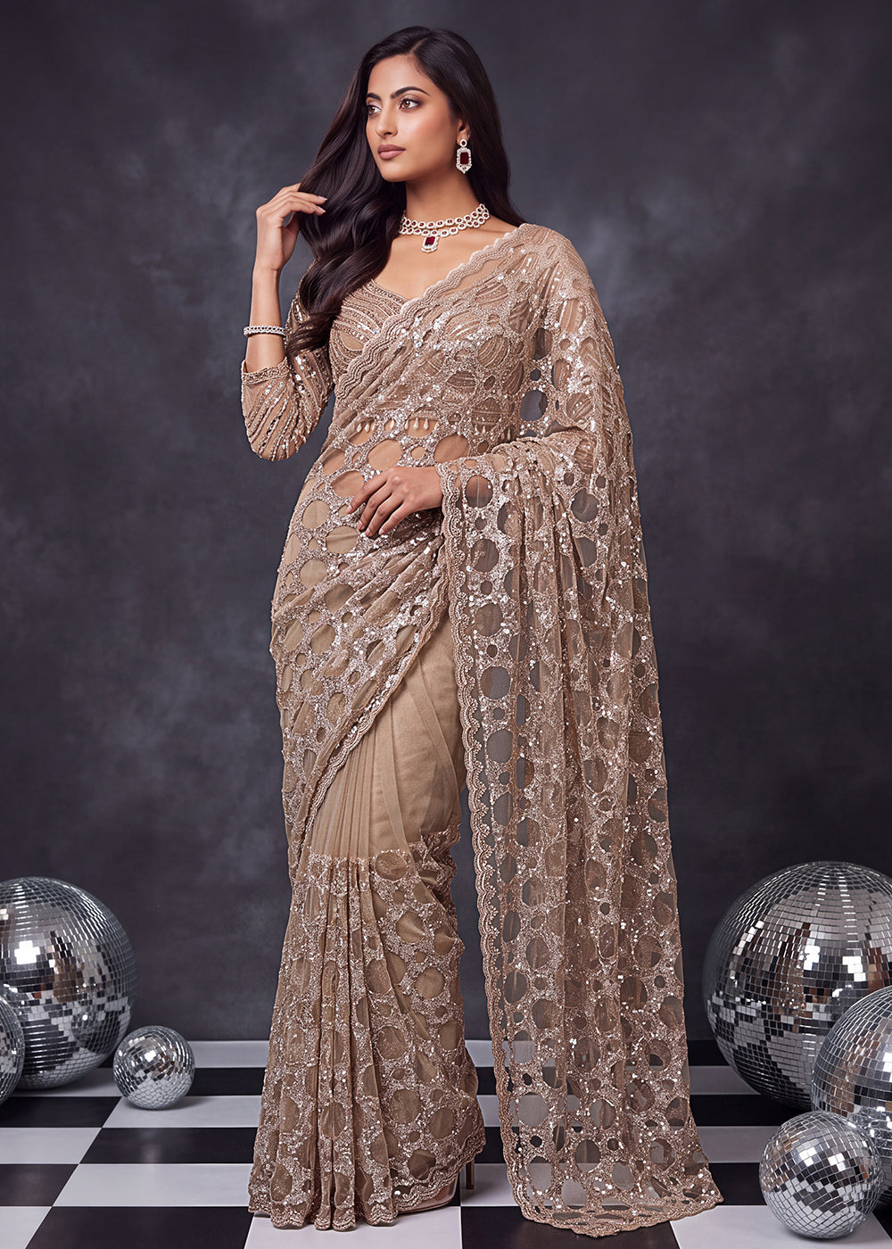 Buy Now Champagne Beige Net Saree with Cutwork &amp; Sequin Embroidery Online in US, UK, Canada, France, Germany, Denmark, Sweden, Austria &amp; Worldwide at Empress.