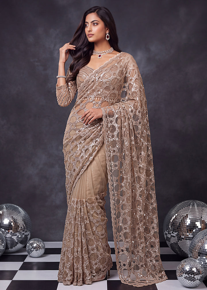 Buy Now Champagne Beige Net Saree with Cutwork &amp; Sequin Embroidery Online in US, UK, Canada, France, Germany, Denmark, Sweden, Austria &amp; Worldwide at Empress.