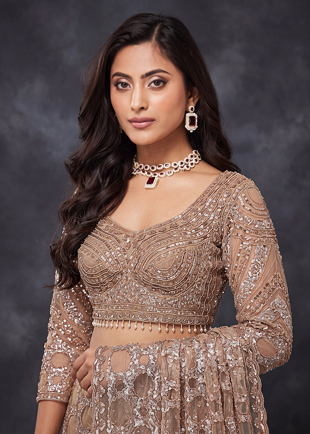 Buy Now Champagne Beige Net Saree with Cutwork &amp; Sequin Embroidery Online in US, UK, Canada, France, Germany, Denmark, Sweden, Austria &amp; Worldwide at Empress.