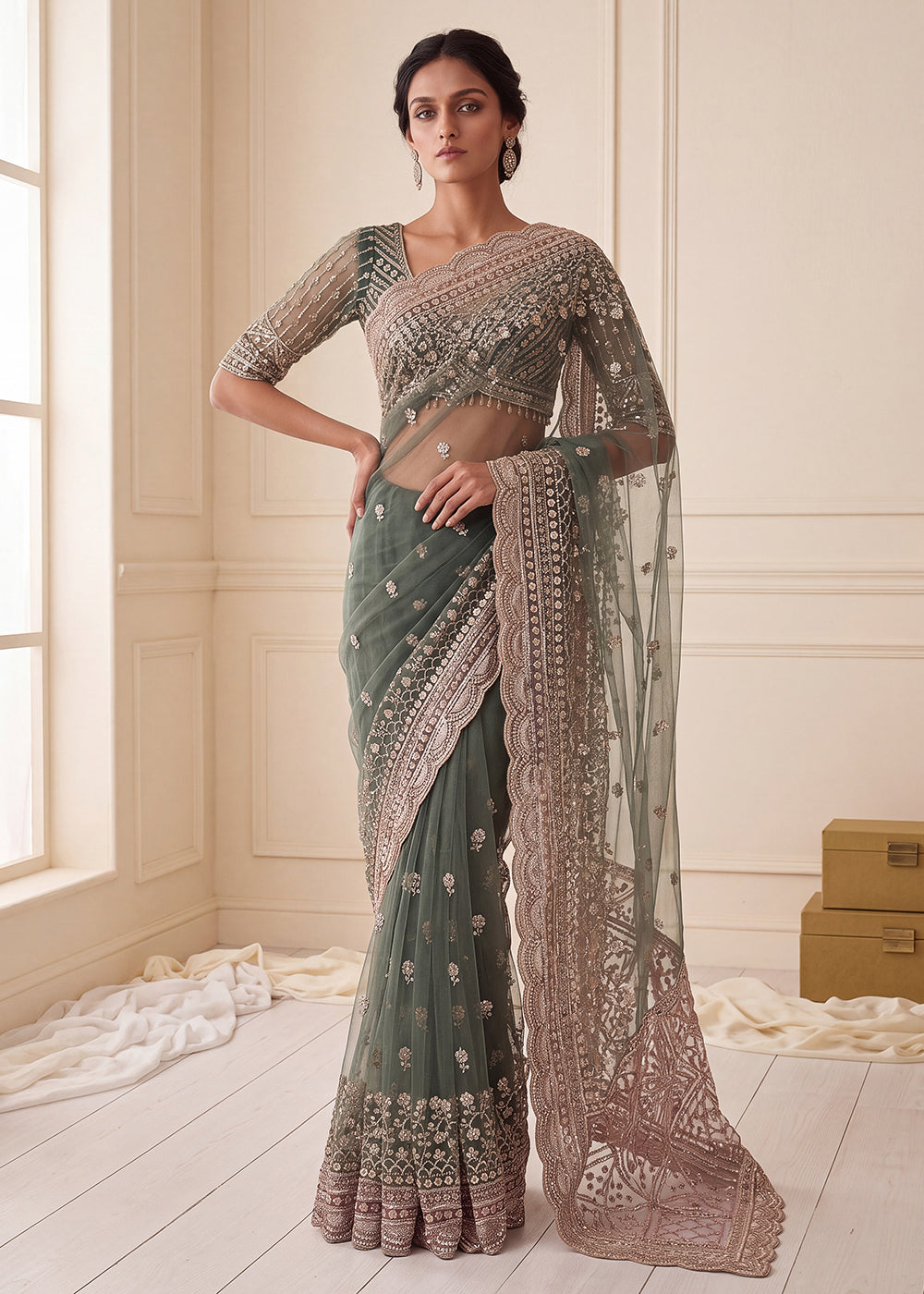 Buy Now Elegantly Green Net Saree with Cutwork Border &amp; Matching Blouse Set  Online in US, UK, Canada, France, Germany, Denmark, Sweden &amp; Worldwide at Empress.