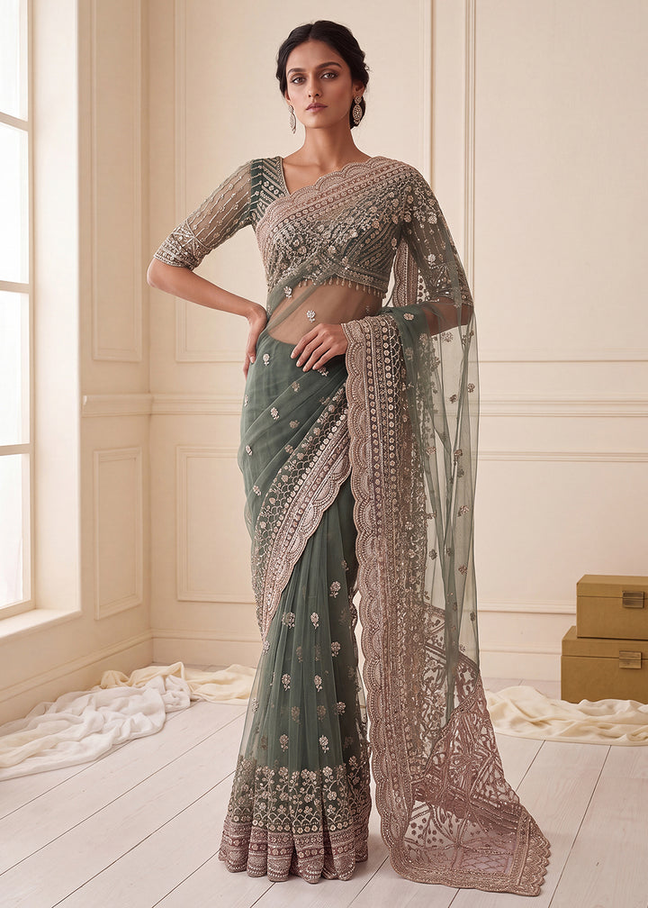 Buy Now Elegantly Green Net Saree with Cutwork Border &amp; Matching Blouse Set  Online in US, UK, Canada, France, Germany, Denmark, Sweden &amp; Worldwide at Empress.