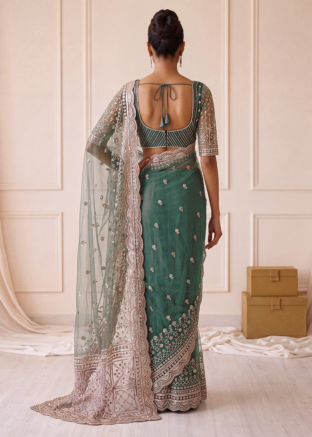 Buy Now Elegantly Green Net Saree with Cutwork Border &amp; Matching Blouse Set  Online in US, UK, Canada, France, Germany, Denmark, Sweden &amp; Worldwide at Empress.