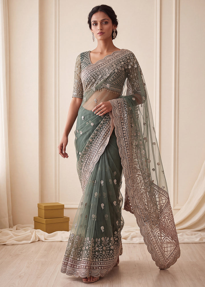 Buy Now Elegantly Green Net Saree with Cutwork Border &amp; Matching Blouse Set  Online in US, UK, Canada, France, Germany, Denmark, Sweden &amp; Worldwide at Empress.