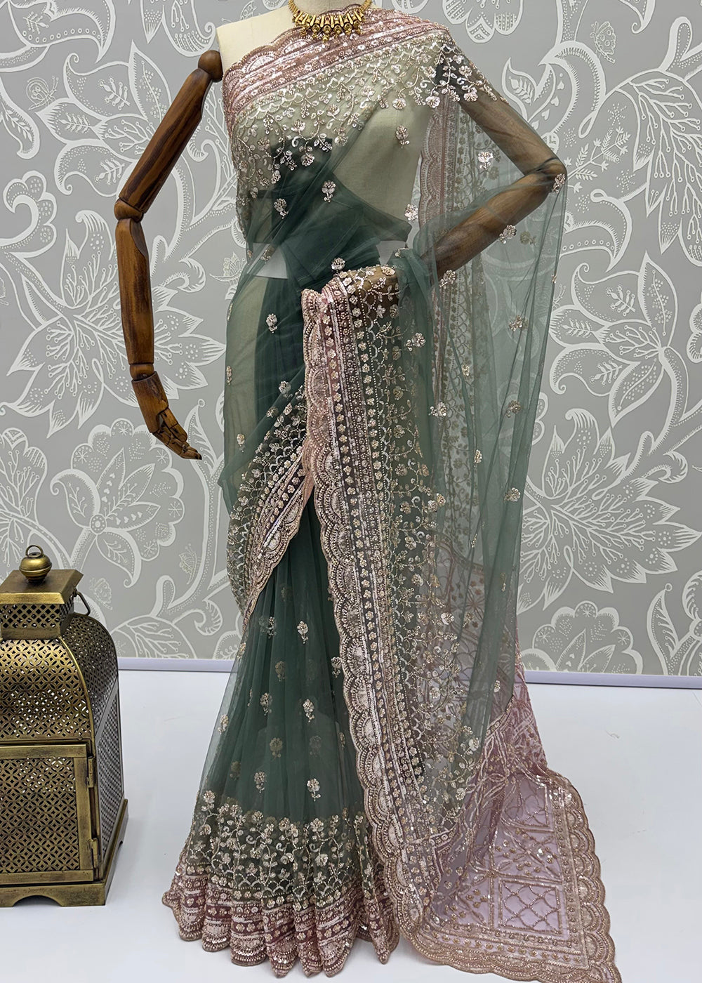 Buy Now Elegantly Green Net Saree with Cutwork Border &amp; Matching Blouse Set  Online in US, UK, Canada, France, Germany, Denmark, Sweden &amp; Worldwide at Empress.