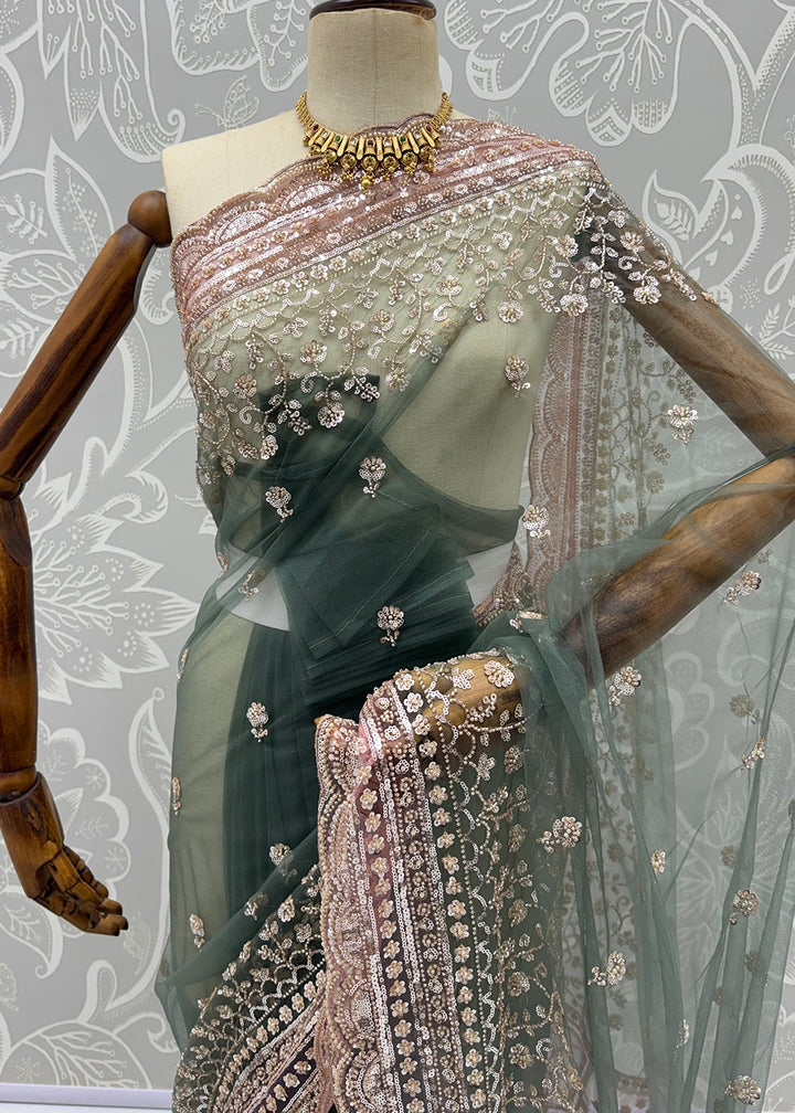 Buy Now Elegantly Green Net Saree with Cutwork Border &amp; Matching Blouse Set  Online in US, UK, Canada, France, Germany, Denmark, Sweden &amp; Worldwide at Empress.