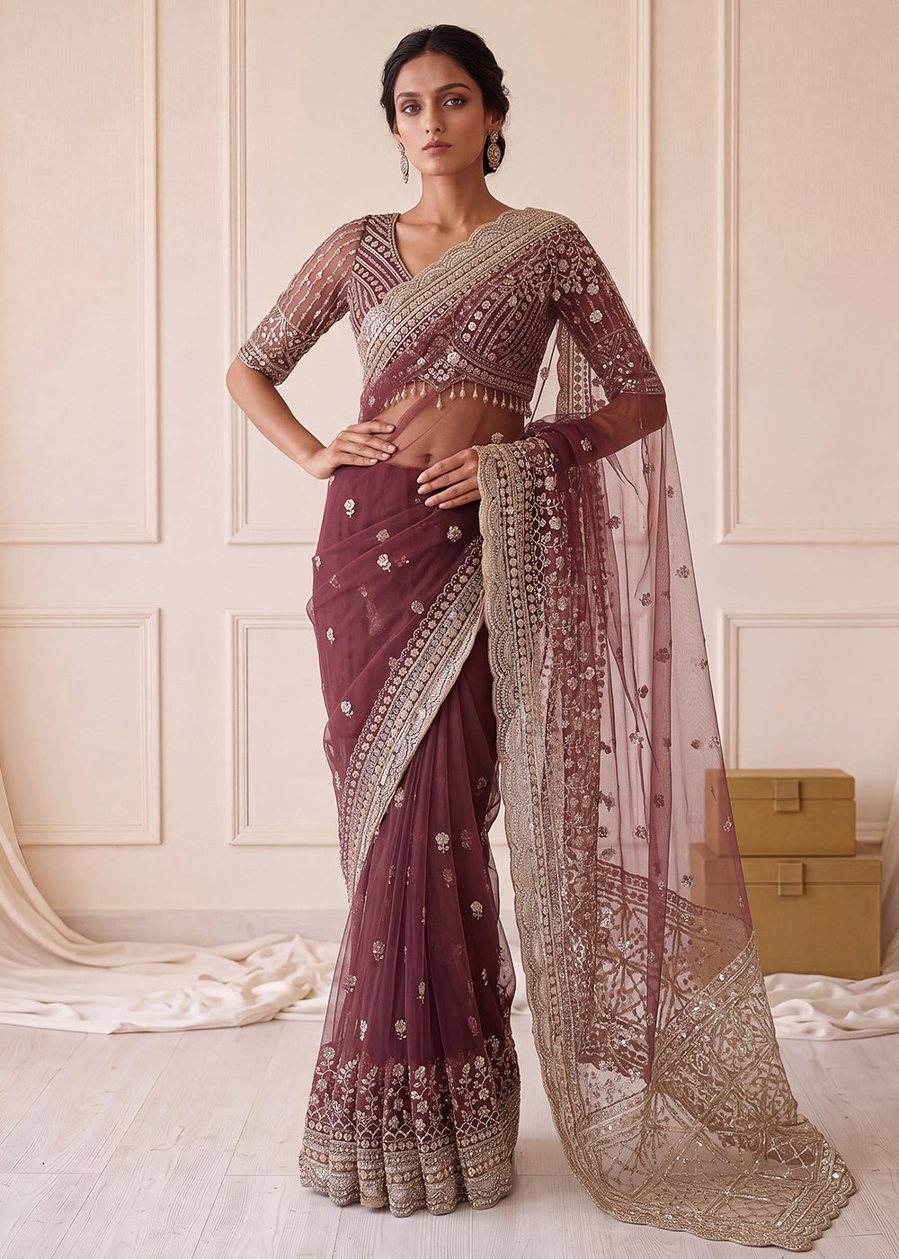 Buy Now Elegantly Mauve Net Saree with Cutwork Border &amp; Matching Blouse Set  Online in US, UK, Canada, France, Germany, Denmark, Sweden &amp; Worldwide at Empress.