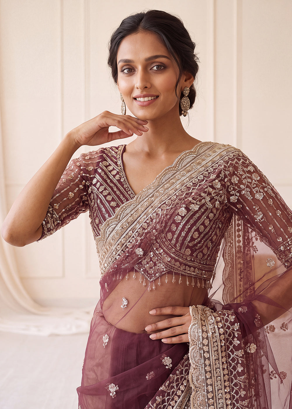Buy Now Elegantly Mauve Net Saree with Cutwork Border & Matching Blouse Set  Online in US, UK, Canada, France, Germany, Denmark, Sweden & Worldwide at Empress.