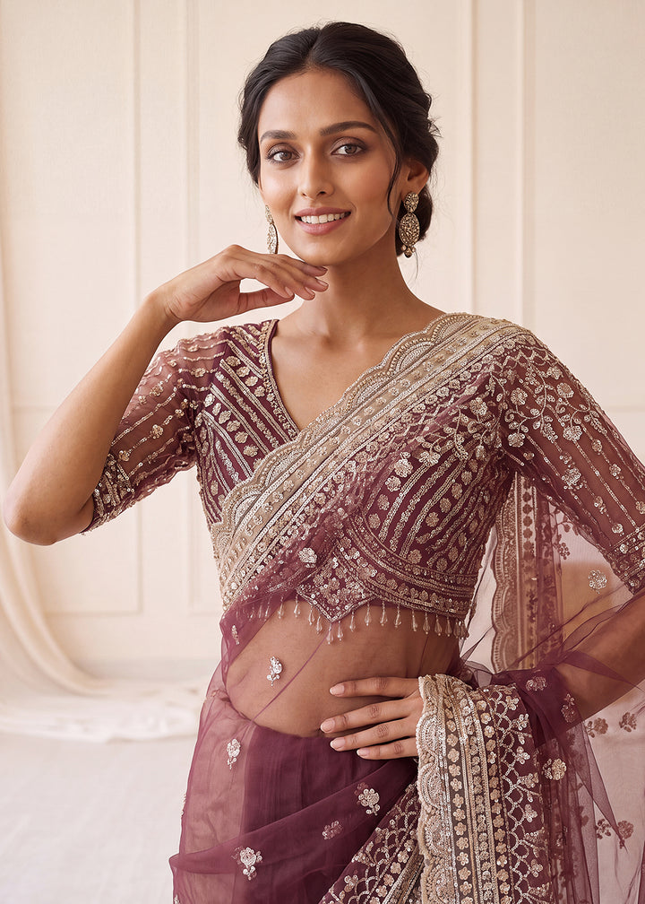 Buy Now Elegantly Mauve Net Saree with Cutwork Border &amp; Matching Blouse Set  Online in US, UK, Canada, France, Germany, Denmark, Sweden &amp; Worldwide at Empress.