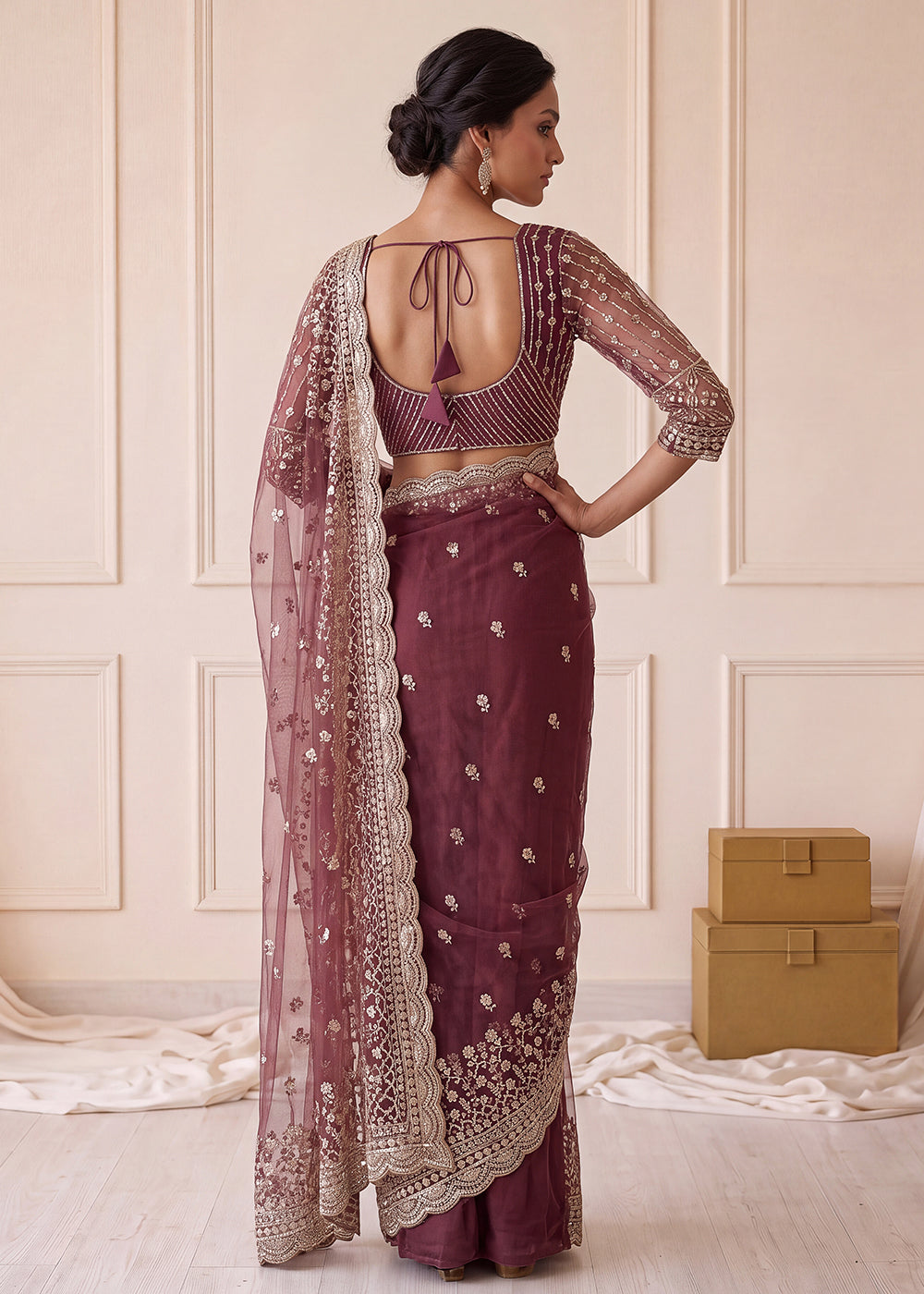 Buy Now Elegantly Mauve Net Saree with Cutwork Border &amp; Matching Blouse Set  Online in US, UK, Canada, France, Germany, Denmark, Sweden &amp; Worldwide at Empress.