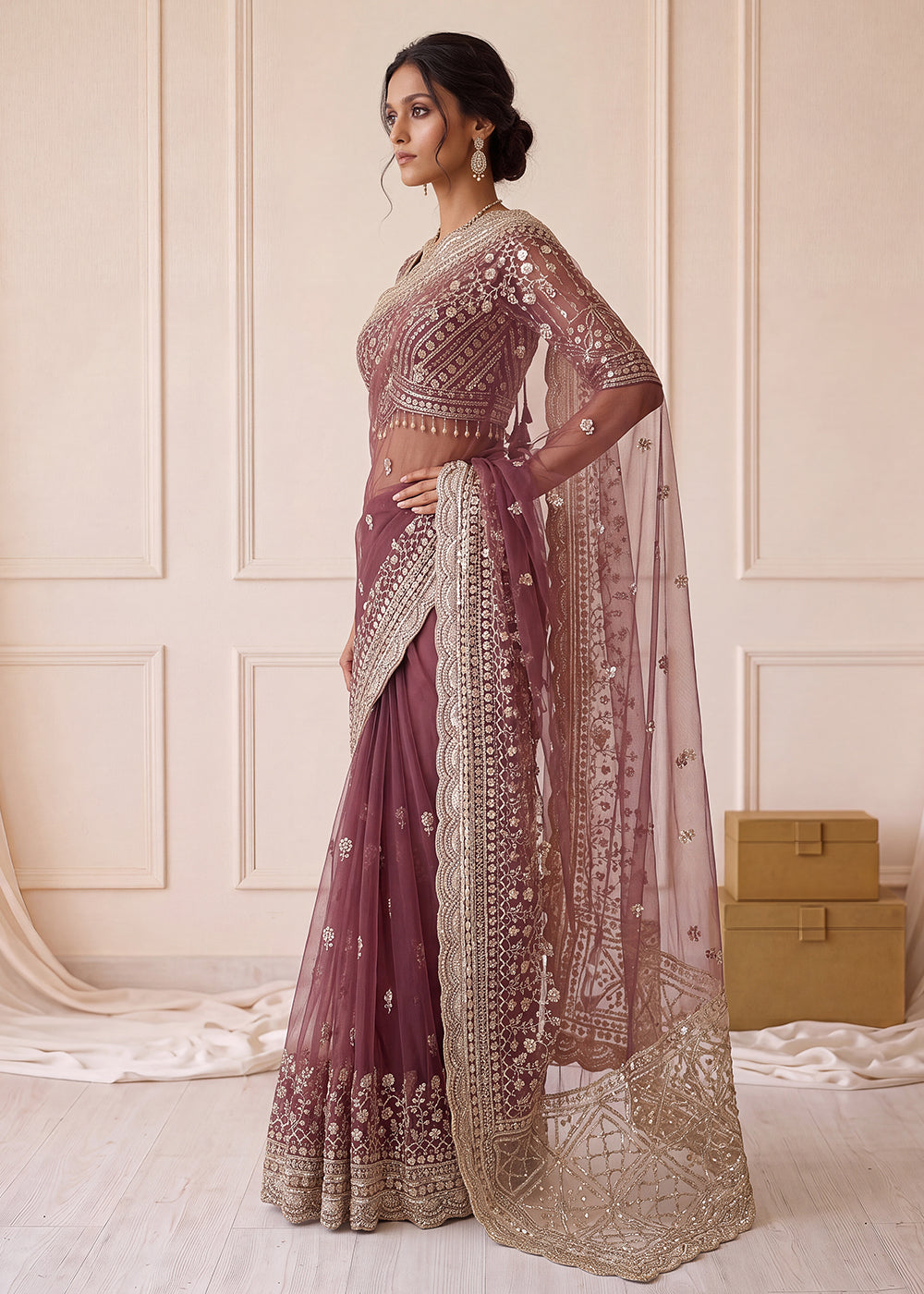 Buy Now Elegantly Mauve Net Saree with Cutwork Border &amp; Matching Blouse Set  Online in US, UK, Canada, France, Germany, Denmark, Sweden &amp; Worldwide at Empress.