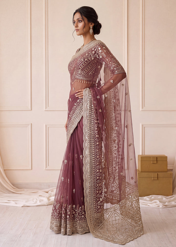 Buy Now Elegantly Mauve Net Saree with Cutwork Border &amp; Matching Blouse Set  Online in US, UK, Canada, France, Germany, Denmark, Sweden &amp; Worldwide at Empress.