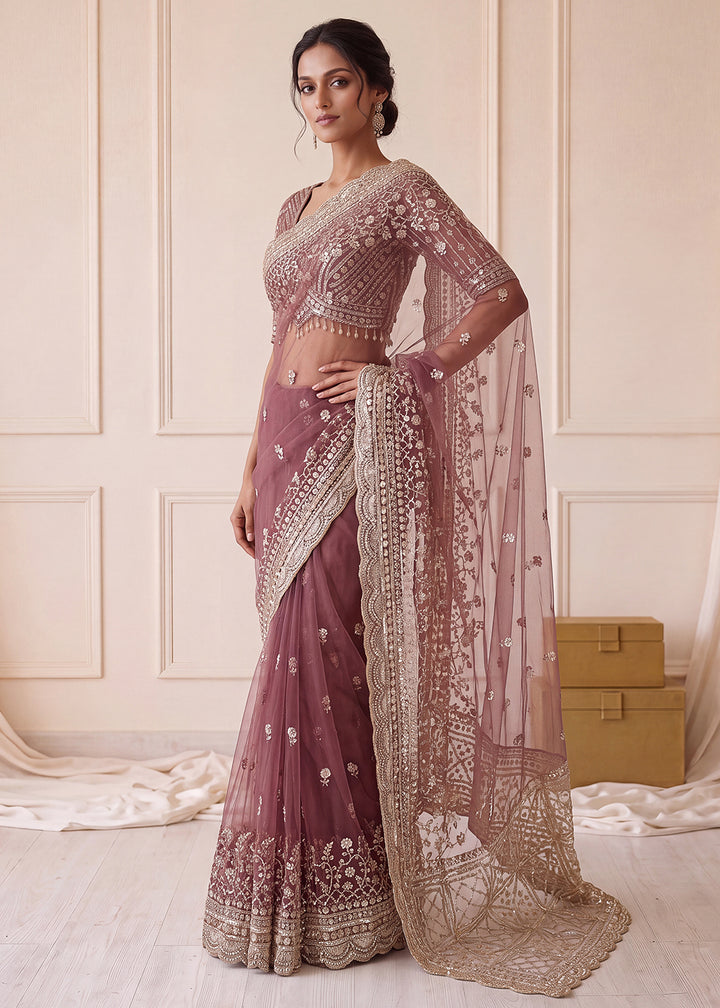 Buy Now Elegantly Mauve Net Saree with Cutwork Border &amp; Matching Blouse Set  Online in US, UK, Canada, France, Germany, Denmark, Sweden &amp; Worldwide at Empress.