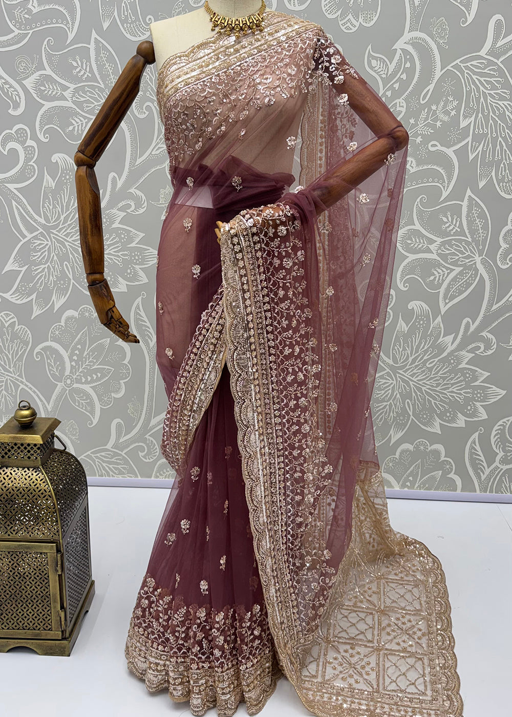 Buy Now Elegantly Mauve Net Saree with Cutwork Border &amp; Matching Blouse Set  Online in US, UK, Canada, France, Germany, Denmark, Sweden &amp; Worldwide at Empress.