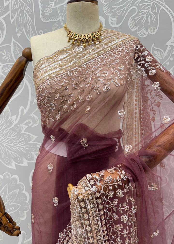 Buy Now Elegantly Mauve Net Saree with Cutwork Border &amp; Matching Blouse Set  Online in US, UK, Canada, France, Germany, Denmark, Sweden &amp; Worldwide at Empress.