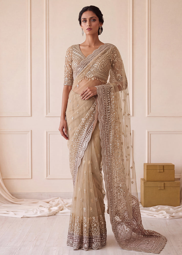 Buy Now Elegantly Beige Net Saree with Cutwork Border &amp; Matching Blouse Set  Online in US, UK, Canada, France, Germany, Denmark, Sweden &amp; Worldwide at Empress.