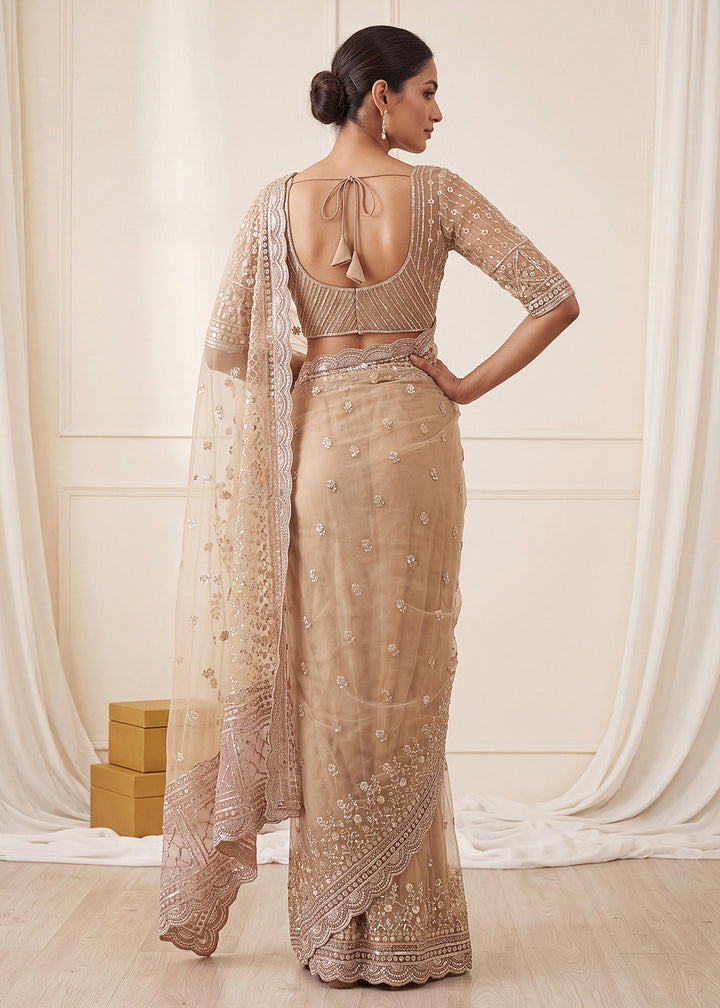 Buy Now Elegantly Beige Net Saree with Cutwork Border &amp; Matching Blouse Set  Online in US, UK, Canada, France, Germany, Denmark, Sweden &amp; Worldwide at Empress.