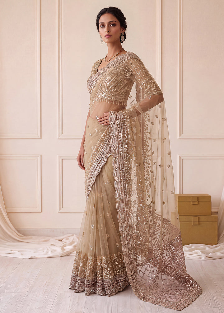 Buy Now Elegantly Beige Net Saree with Cutwork Border &amp; Matching Blouse Set  Online in US, UK, Canada, France, Germany, Denmark, Sweden &amp; Worldwide at Empress.