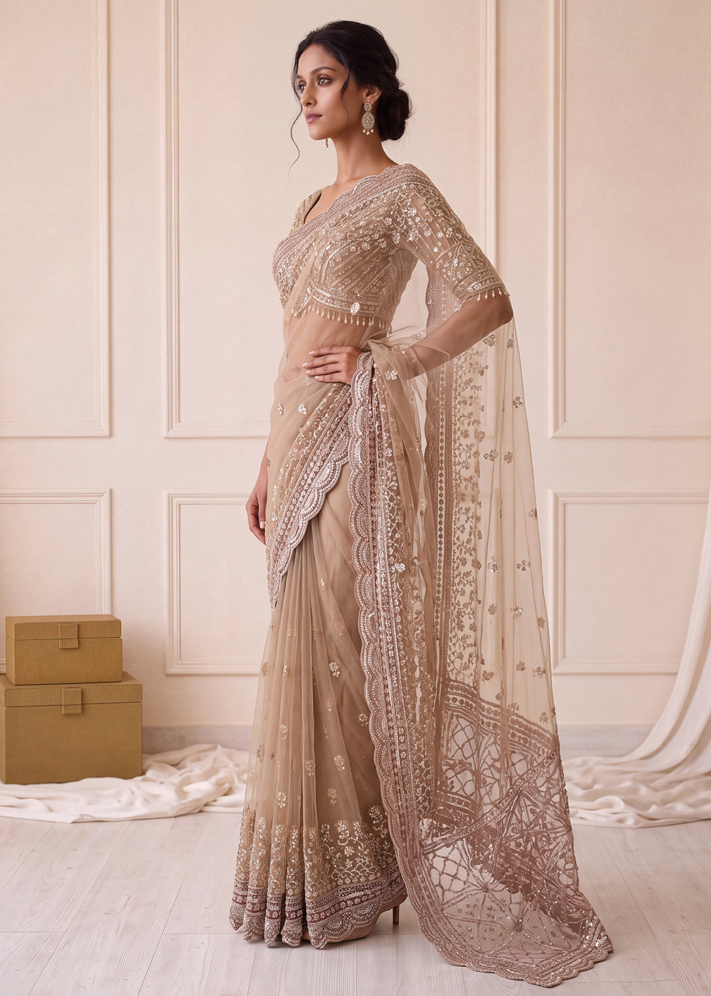 Buy Now Elegantly Beige Net Saree with Cutwork Border &amp; Matching Blouse Set  Online in US, UK, Canada, France, Germany, Denmark, Sweden &amp; Worldwide at Empress.
