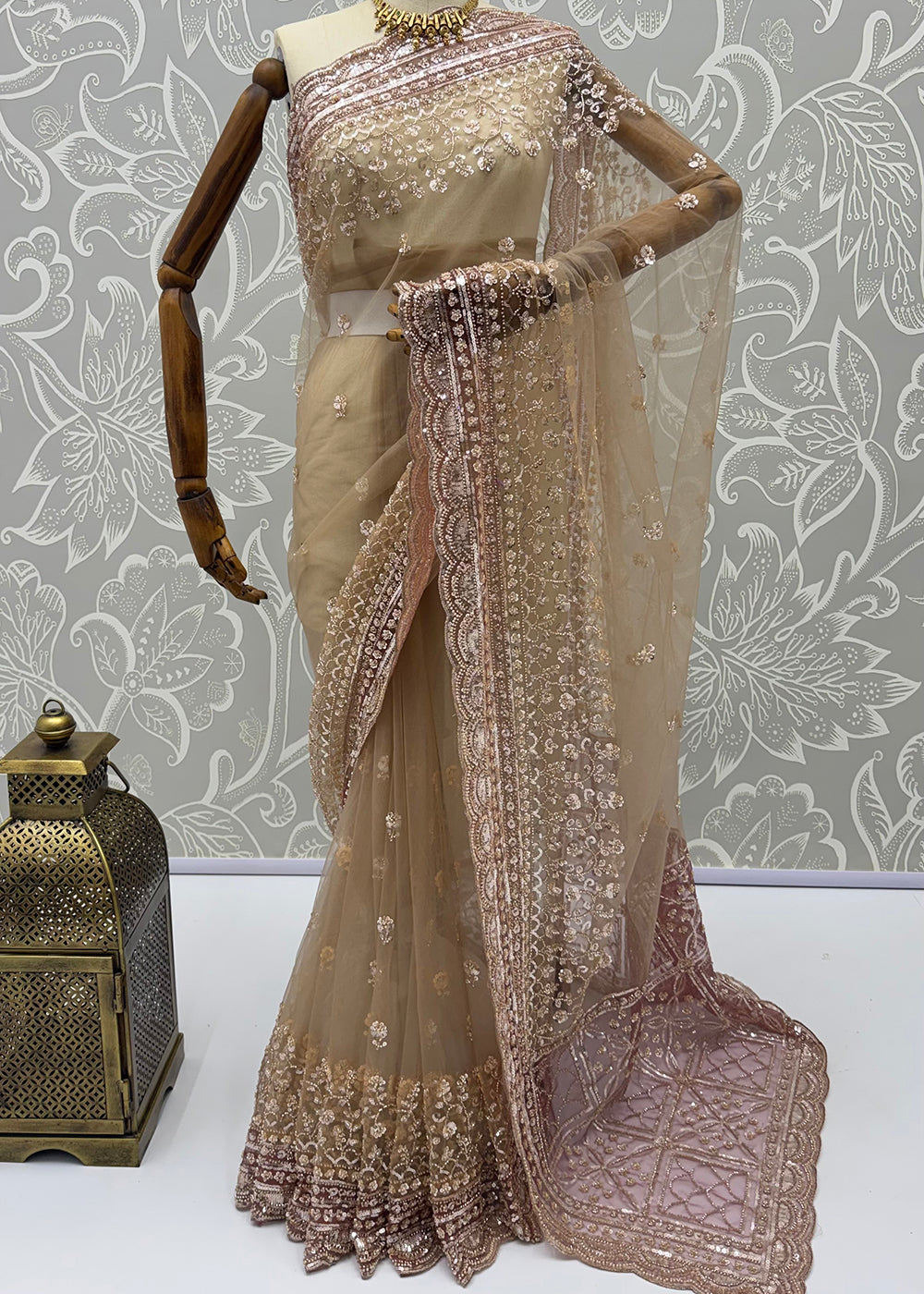 Buy Now Elegantly Beige Net Saree with Cutwork Border &amp; Matching Blouse Set  Online in US, UK, Canada, France, Germany, Denmark, Sweden &amp; Worldwide at Empress.
