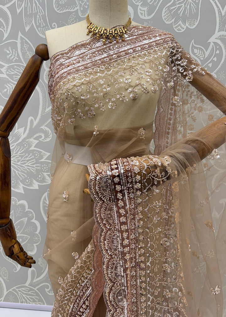 Buy Now Elegantly Beige Net Saree with Cutwork Border &amp; Matching Blouse Set  Online in US, UK, Canada, France, Germany, Denmark, Sweden &amp; Worldwide at Empress.