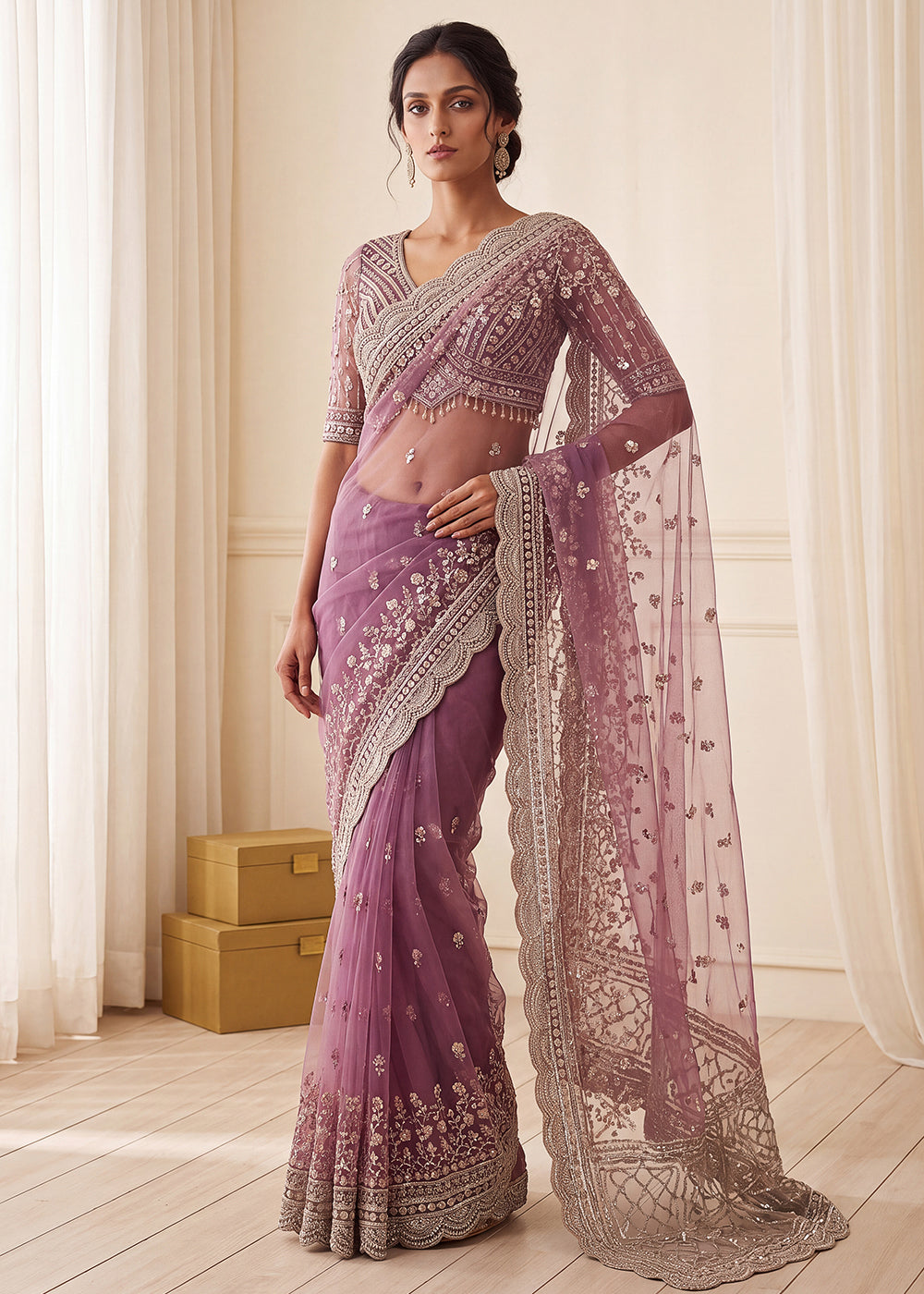 Buy Now Elegantly Lavender Net Saree with Cutwork Border &amp; Matching Blouse Set  Online in US, UK, Canada, France, Germany, Denmark, Sweden &amp; Worldwide at Empress.