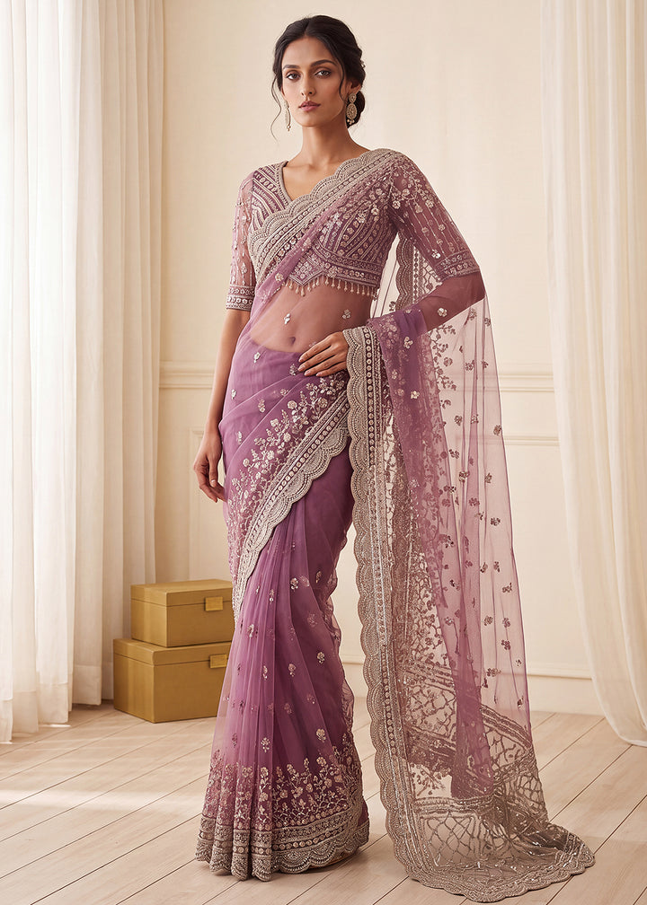 Buy Now Elegantly Lavender Net Saree with Cutwork Border &amp; Matching Blouse Set  Online in US, UK, Canada, France, Germany, Denmark, Sweden &amp; Worldwide at Empress.