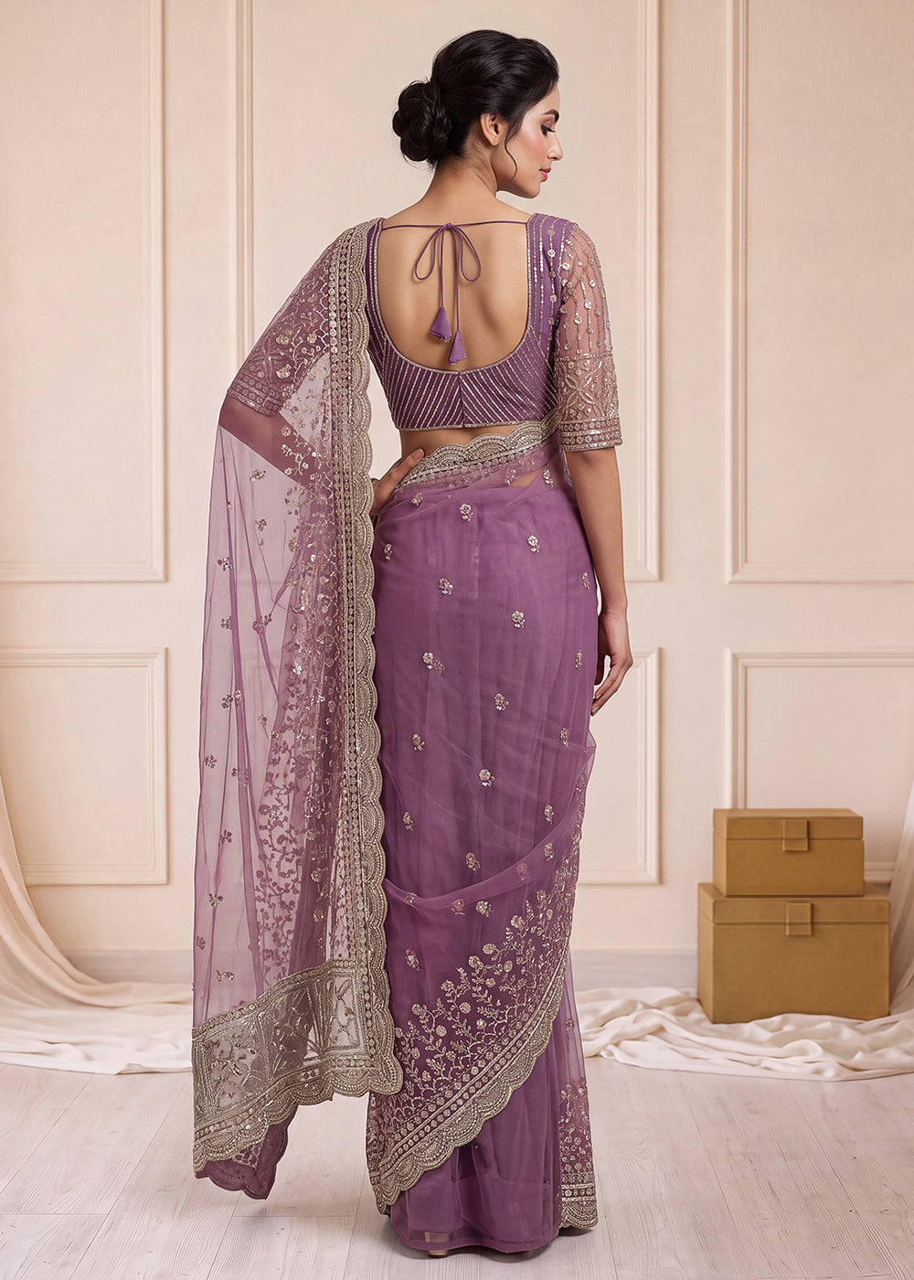 Buy Now Elegantly Lavender Net Saree with Cutwork Border &amp; Matching Blouse Set  Online in US, UK, Canada, France, Germany, Denmark, Sweden &amp; Worldwide at Empress.