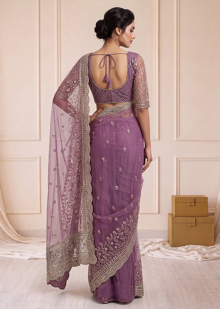 Buy Now Elegantly Lavender Net Saree with Cutwork Border &amp; Matching Blouse Set  Online in US, UK, Canada, France, Germany, Denmark, Sweden &amp; Worldwide at Empress.