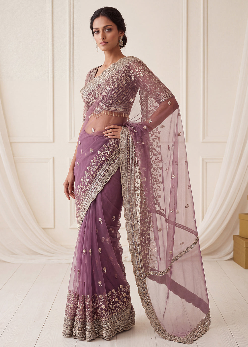 Buy Now Elegantly Lavender Net Saree with Cutwork Border &amp; Matching Blouse Set  Online in US, UK, Canada, France, Germany, Denmark, Sweden &amp; Worldwide at Empress.