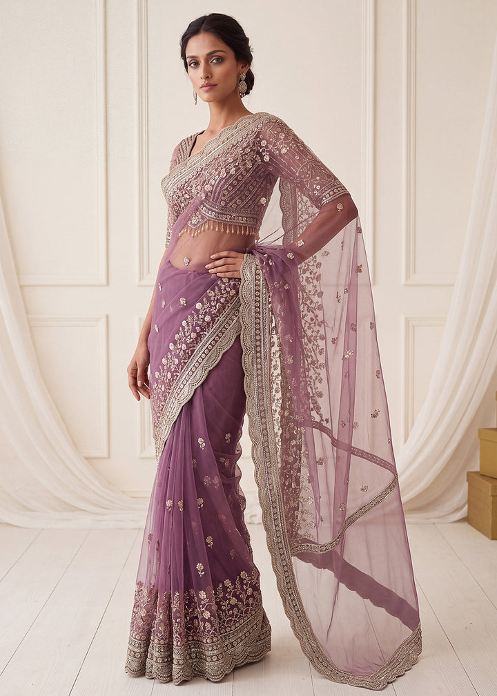 Buy Now Elegantly Lavender Net Saree with Cutwork Border &amp; Matching Blouse Set  Online in US, UK, Canada, France, Germany, Denmark, Sweden &amp; Worldwide at Empress.
