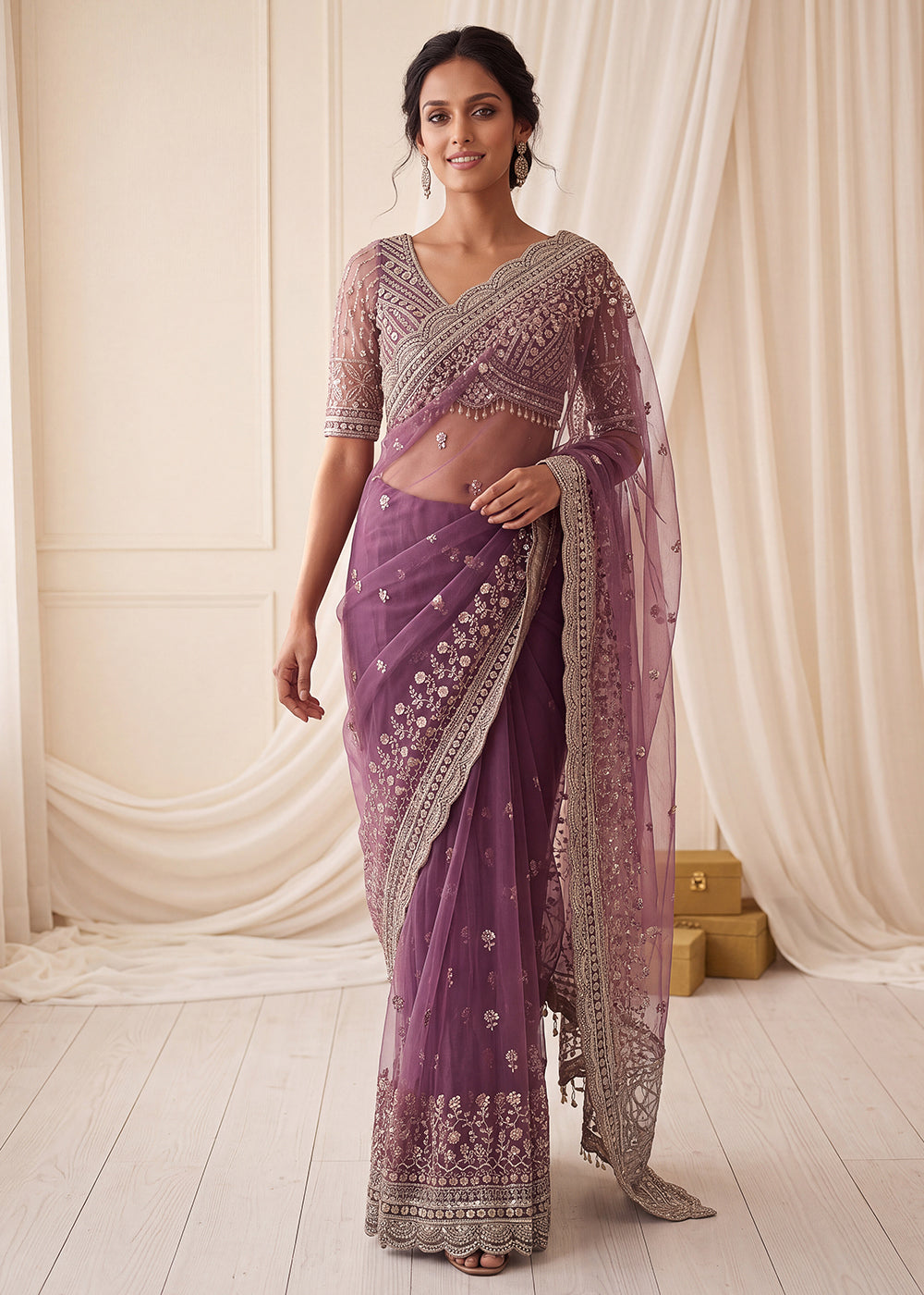 Buy Now Elegantly Lavender Net Saree with Cutwork Border &amp; Matching Blouse Set  Online in US, UK, Canada, France, Germany, Denmark, Sweden &amp; Worldwide at Empress.