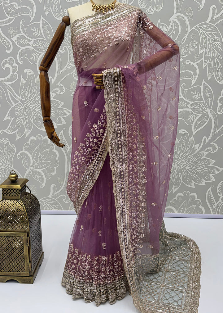 Buy Now Elegantly Lavender Net Saree with Cutwork Border &amp; Matching Blouse Set  Online in US, UK, Canada, France, Germany, Denmark, Sweden &amp; Worldwide at Empress.