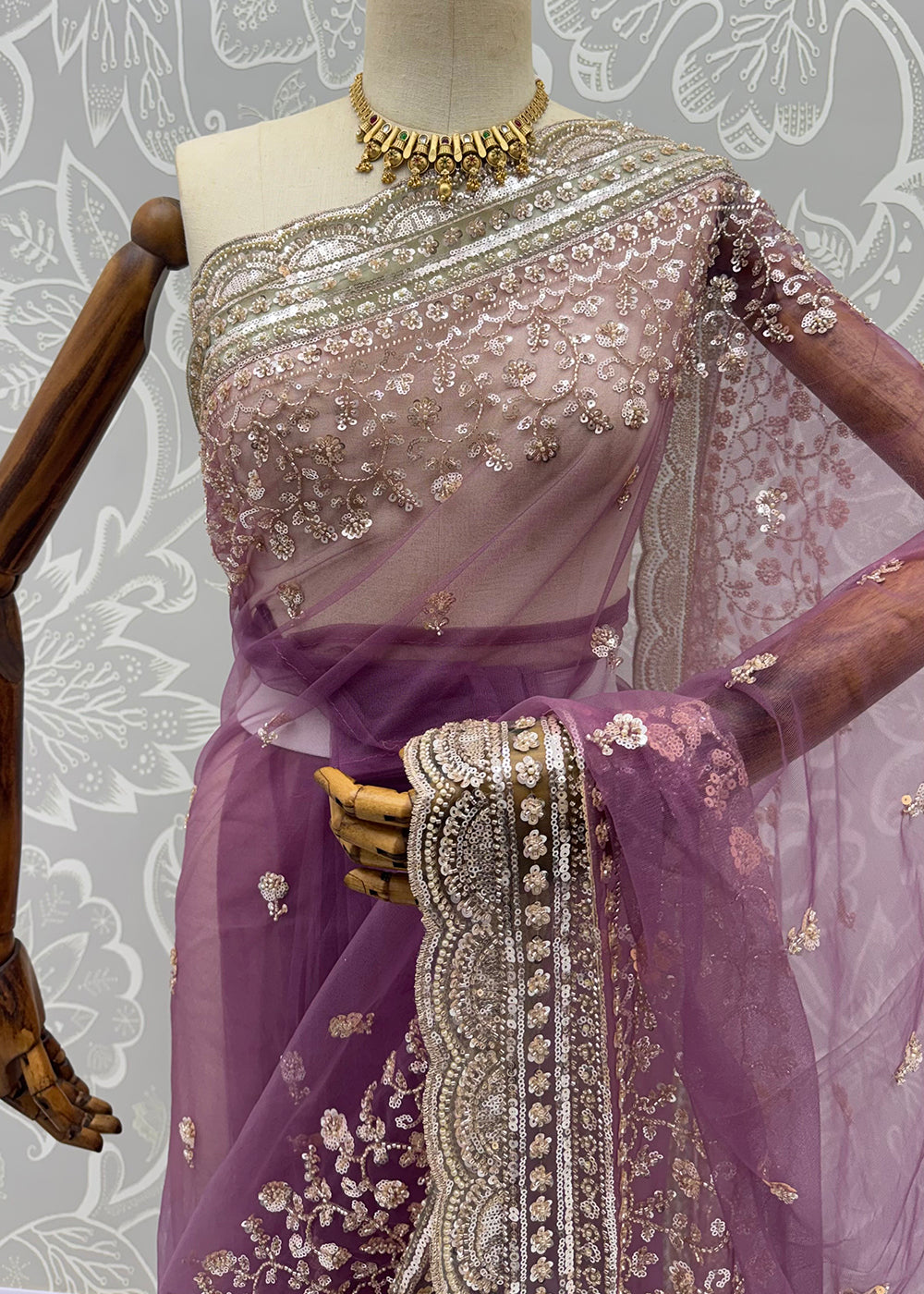 Buy Now Elegantly Lavender Net Saree with Cutwork Border &amp; Matching Blouse Set  Online in US, UK, Canada, France, Germany, Denmark, Sweden &amp; Worldwide at Empress.