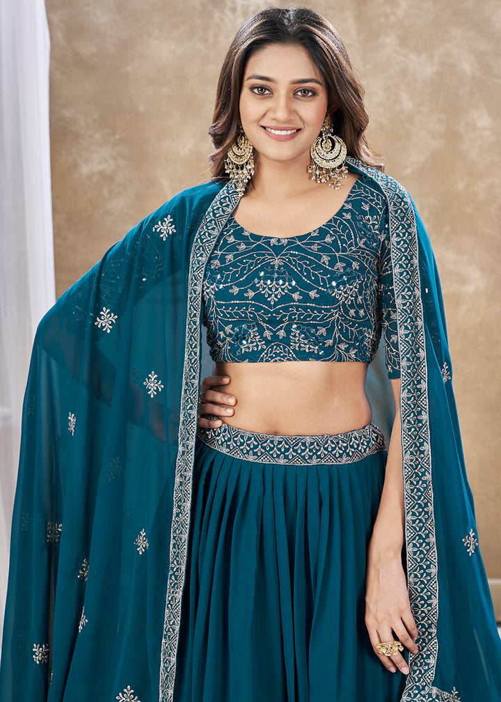 Buy Now Wedding Festive Style Teal Blue Embroidered Lehenga Choli Online in USA, UK, Canada & Worldwide at Empress Clothing. 