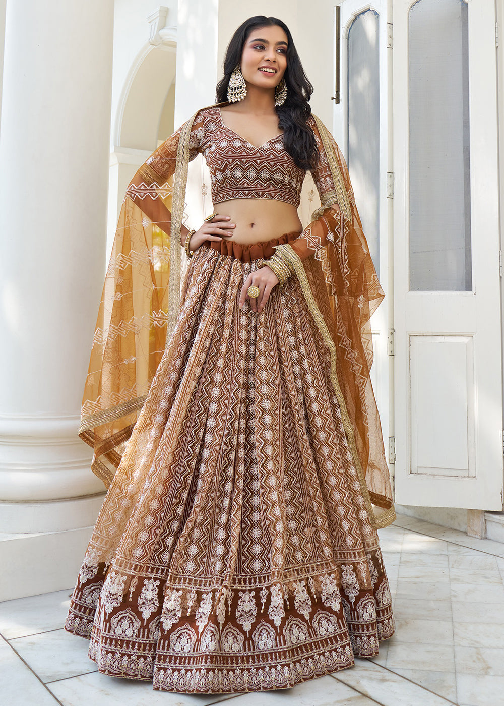 Buy Now Snuff Brown Net Embroidered Wedding Lehenga Choli Online in USA, UK, Canada & Worldwide at Empress Clothing. 