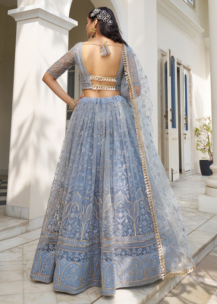 Buy Now Greyish Blue Net Embroidered Wedding Lehenga Choli Online in USA, UK, Canada & Worldwide at Empress Clothing. 