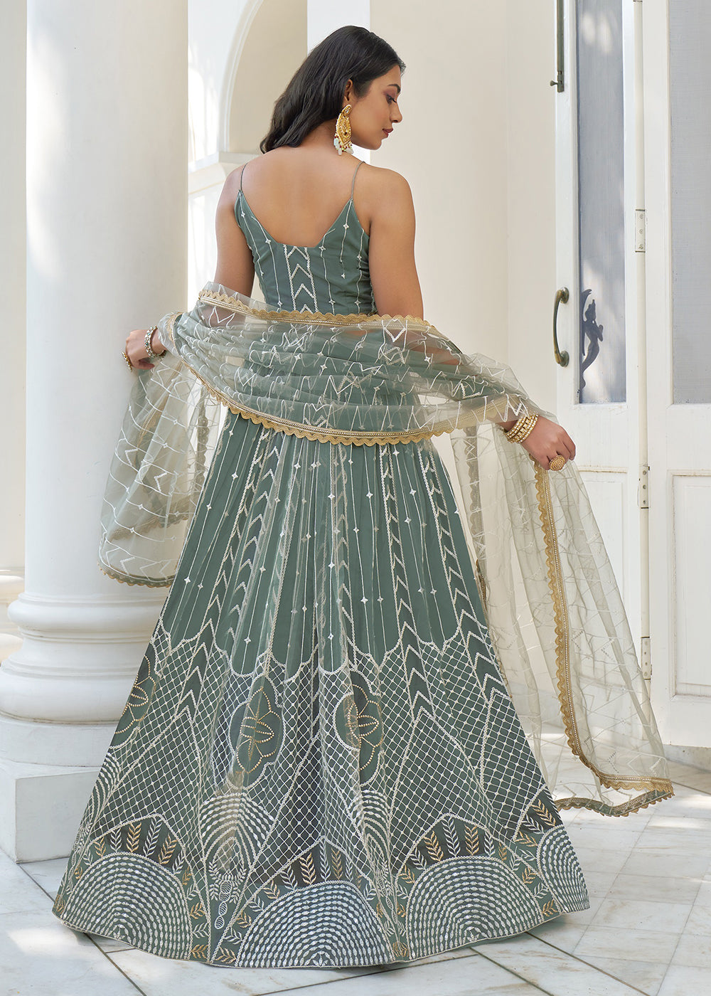 Buy Now Dusty Green Net Embroidered Wedding Lehenga Choli Online in USA, UK, Canada & Worldwide at Empress Clothing. 