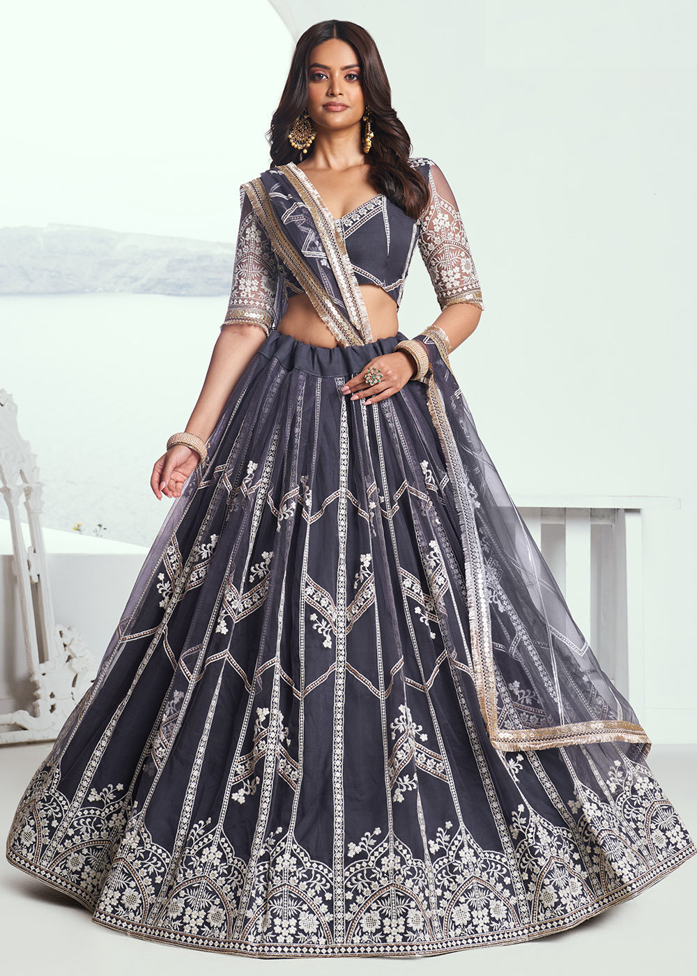 Buy Now Dark Grey Net Embroidered Wedding Festive Lehenga Choli Online in USA, UK, Canada & Worldwide at Empress Clothing.