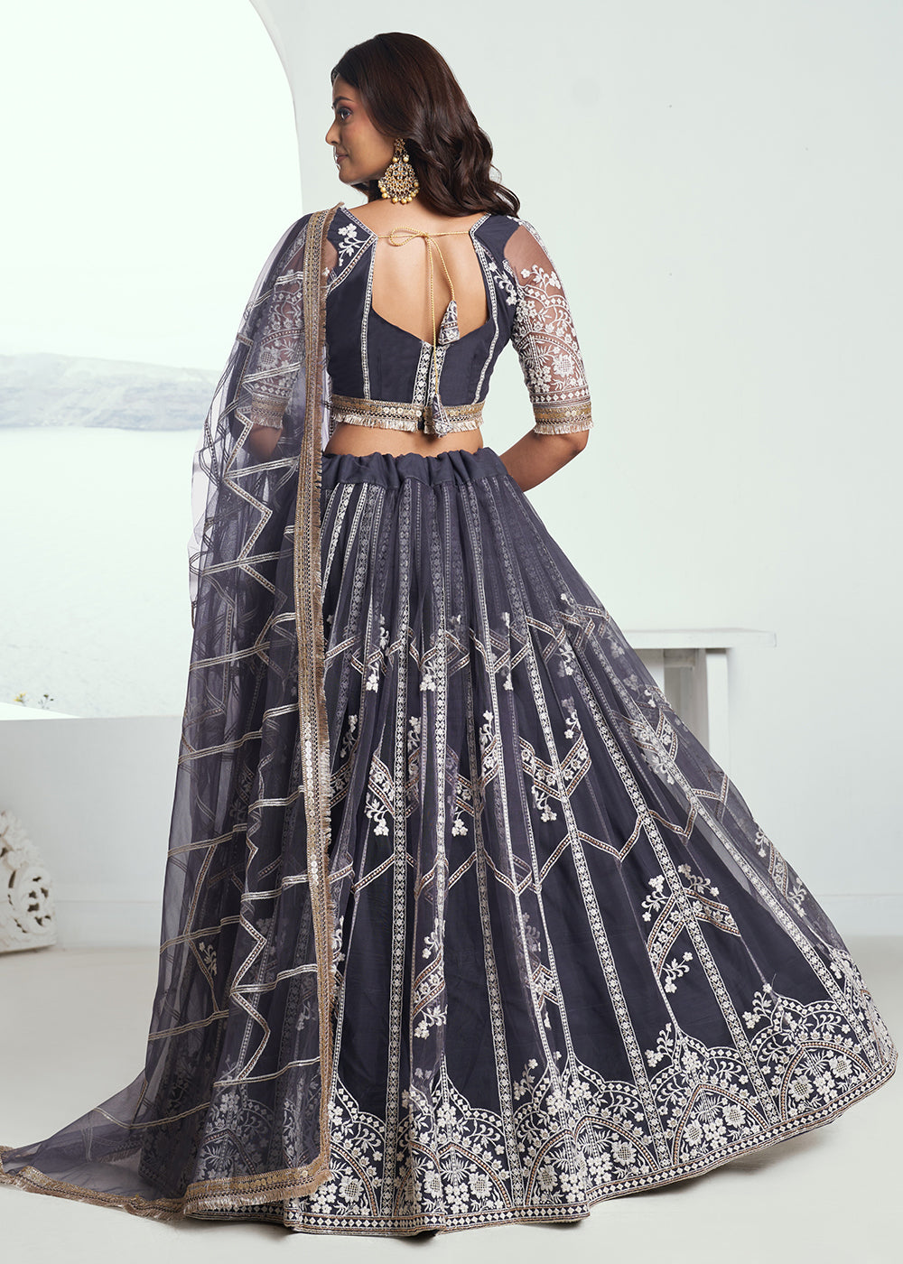 Buy Now Dark Grey Net Embroidered Wedding Festive Lehenga Choli Online in USA, UK, Canada & Worldwide at Empress Clothing.