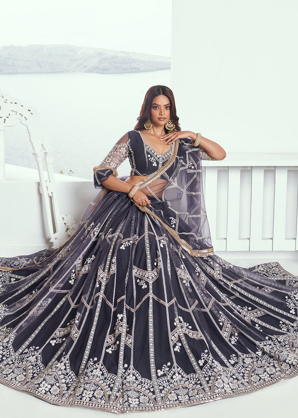 Buy Now Dark Grey Net Embroidered Wedding Festive Lehenga Choli Online in USA, UK, Canada & Worldwide at Empress Clothing.