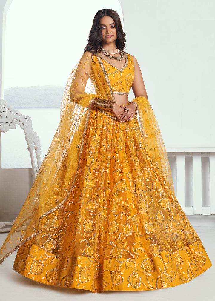 Buy Now Yellow Net Embroidered Wedding Festive Lehenga Choli Online in USA, UK, Canada & Worldwide at Empress Clothing.