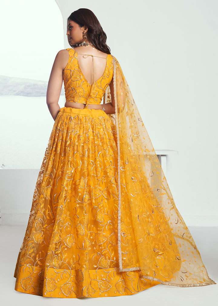 Buy Now Yellow Net Embroidered Wedding Festive Lehenga Choli Online in USA, UK, Canada & Worldwide at Empress Clothing.