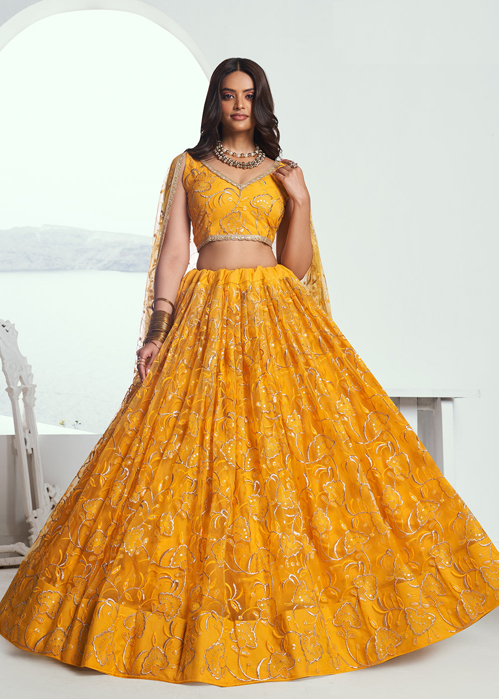 Buy Now Yellow Net Embroidered Wedding Festive Lehenga Choli Online in USA, UK, Canada & Worldwide at Empress Clothing.