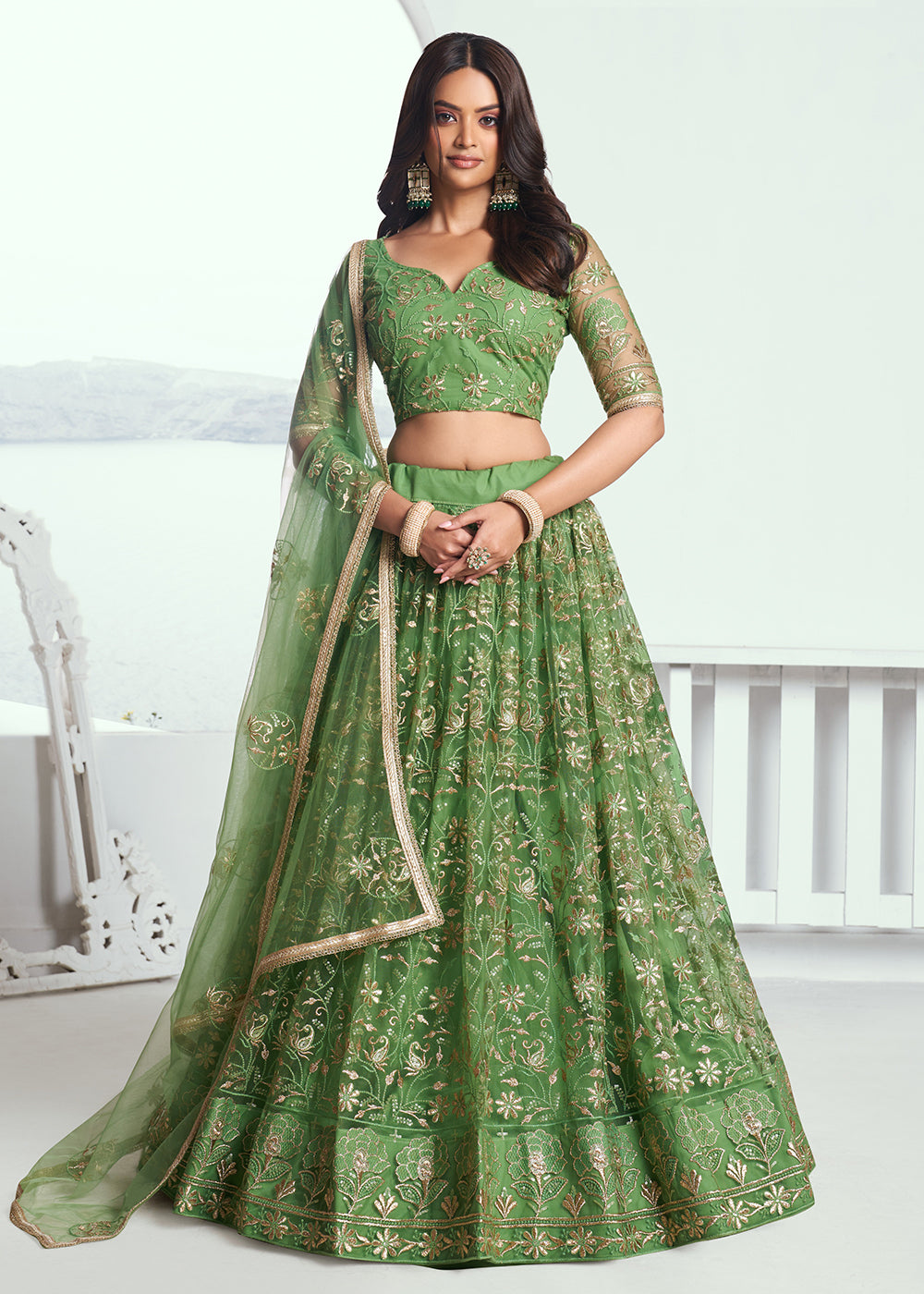 Buy Now Pista Green Net Embroidered Wedding Festive Lehenga Choli Online in USA, UK, Canada & Worldwide at Empress Clothing.